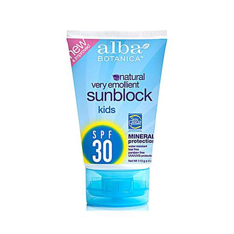 Alba Botanica Very Emollient Natural Sun Block Mineral Protection Kids Spf 30 - 4 Oz