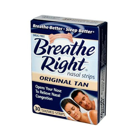 Breathe Right Drug Free Snoring And Congestion Nasal Strips Small Med Original Tan - 30 Strips