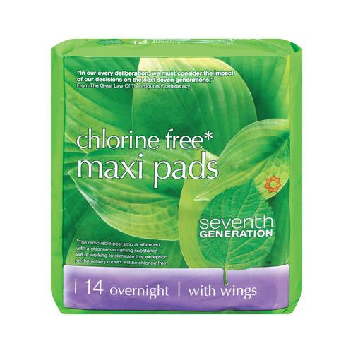 Seventh Generation Chorine Free Maxi Pads - Overnight With Wings - 14 Pads