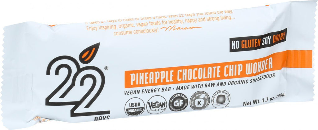 22 Days Nutrition Organic Energy Bar - Pineapple Chocolate Chip Wonder - Case Of 12 - 1.7 Oz Bars