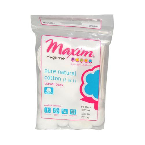 Maxim Hygiene 3 In 1 Pure Travel Pack - Cotton Swabs, Rounds, And Balls - 50 Count