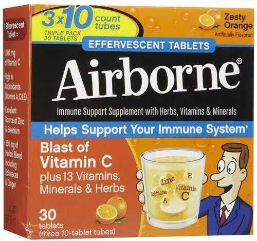 Airborne Effervescent Tablets Vitamn C - Zesty Orange - 10 Tablets - 3 Pack